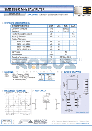 AFS869S3 datasheet - SMD 869.0 MHz SAW FILTER