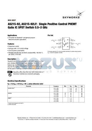 AS215-92LF datasheet - Single Positive Control PHEMT GaAs IC SPDT Switch 0.5-3 GHz