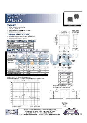 AFS915D datasheet - CERAMIC SURFACE-MOUNT SAW FILTER