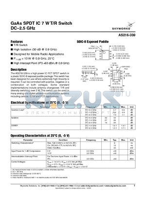 AS216-339 datasheet - GaAs SPDT IC 7 W T/R Switch DC-2.5 GHz