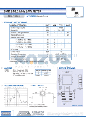 AFS916.5S3 datasheet - SMD 916.5 MHz SAW FILTER