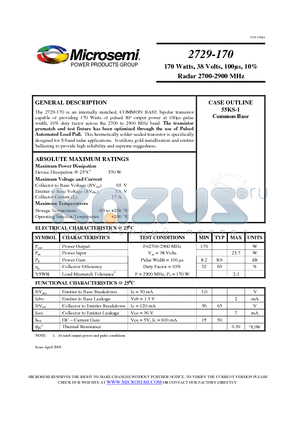 2729-170 datasheet - 170 Watts, 38 Volts, 100ls, 10% Radar 2700-2900 MHz