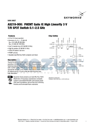 AS219-000 datasheet - PHEMT GaAs IC High Linearity 3 V T/R SP3T Switch 0.1-2.5 GHz