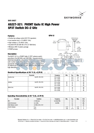 AS227-321 datasheet - PHEMT GaAs IC High Power SP3T Switch DC-2 GHz