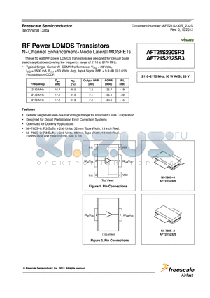 AFT21S230SR3 datasheet - RF Power LDMOS Transistors N--Channel Enhancement--Mode Lateral MOSFETs