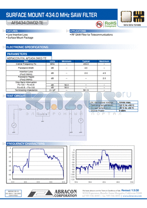 AFS434.0W02-TE datasheet - SURFACE MOUNT 434.0 MHz SAW FILTER