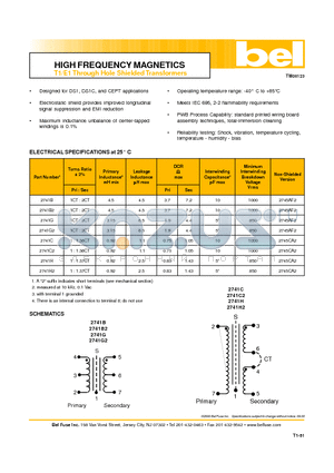 2741H datasheet - HIGH FREQUENCY MAGNETICS T1/E1 Through Hole Shielded Transformers