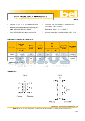 2741H2 datasheet - HIGH FREQUENCY MAGNETICS T1/E1 Single Through Hole Shielded Transformers