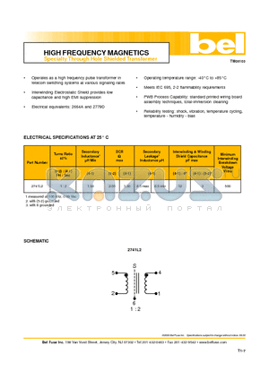 2741L2 datasheet - HIGH FREQUENCY MAGNETICS Specialty Through Hole Shielded Transformer
