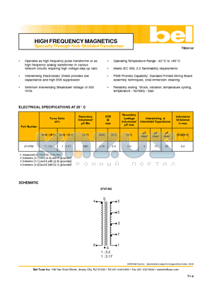 2741N2 datasheet - HIGH FREQUENCY MAGNETICS Specialty Through Hole Shielded Transformer