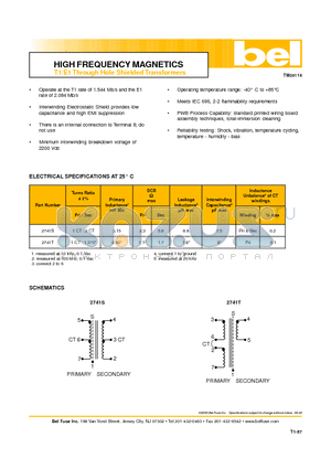 2741S datasheet - HIGH FREQUENCY MAGNETICS T1/E1 Through Hole Shielded Transformers