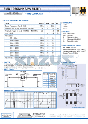 AFS1960S4 datasheet - SMD 1960MHz SAW FILTER