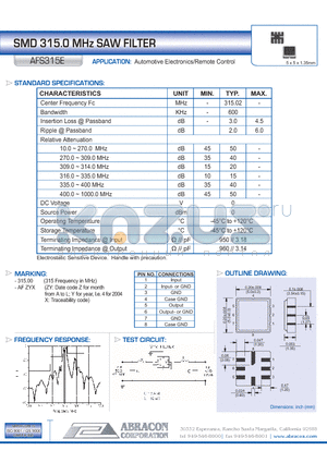 AFS315E datasheet - SMD 315.0 MHz SAW FILTER