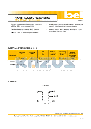 2745AG2 datasheet - HIGH FREQUENCY MAGNETICS T1/E1 Through Hole Transformer