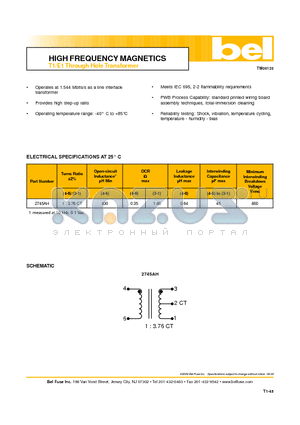 2745AH datasheet - HIGH FREQUENCY MAGNETICS T1/E1 Through Hole Transformer