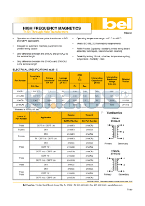 2745AJ2 datasheet - HIGH FREQUENCY MAGNETICST1/E1 Through Hole Transformers