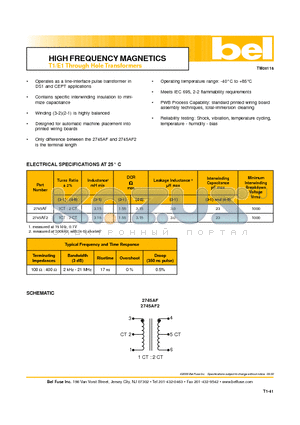 2745AF2 datasheet - HIGH FREQUENCY MAGNETICS T1/E1 Through Hole Transformers