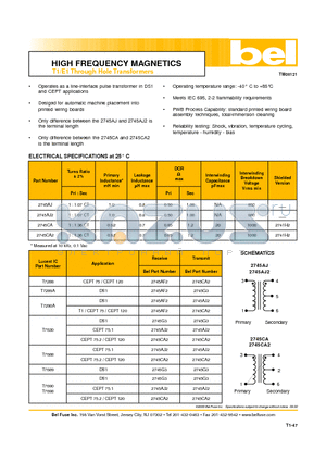 2745CA2 datasheet - HIGH FREQUENCY MAGNETICST1/E1 Through Hole Transformers