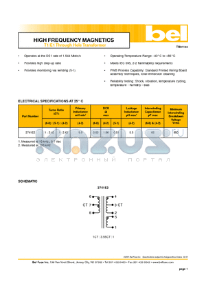 2741E2 datasheet - HIGH FREQUENCY MAGNETICS T1/E1 Through Hole Transformer