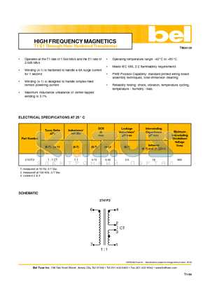 2741F2 datasheet - HIGH FREQUENCY MAGNETICS T1/E1 Through Hole Hardened Transformer