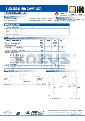 AFS868.0W01-TS3 datasheet - SMD 868.0 MHz SAW FILTER