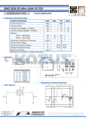 AFS808.0W01-TS3 datasheet - SMD 808.00 MHz SAW FILTER