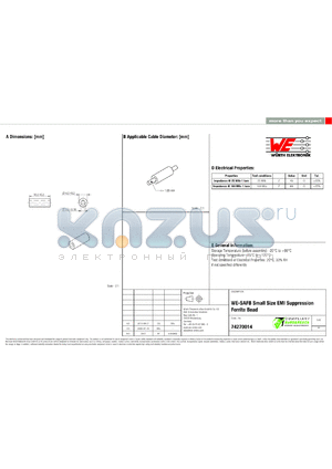 74270014 datasheet - WE-SAFB Small Size EMI Suppression Ferrite Bead