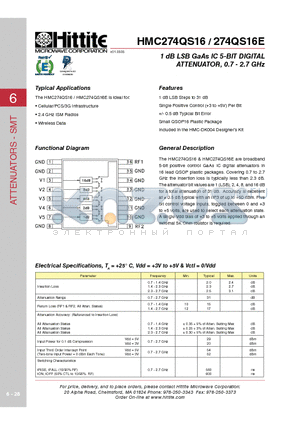 274QS16E datasheet - 1 dB LSB GaAs IC 5-BIT DIGITAL ATTENUATOR, 0.7 - 2.7 GHz
