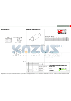 74270021 datasheet - WE-SAFB Small Size EMI Suppression Ferrite Bead