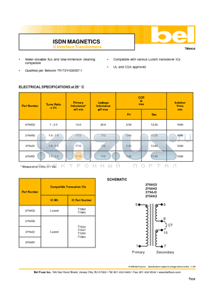 2754J2 datasheet - ISDN MAGNETICS U Interface Transformers