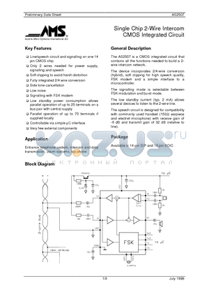 AS2507 datasheet - SINGLE CHIP 2-WIRE INTERCOM CMOS INTEGRATED CIRCUIT