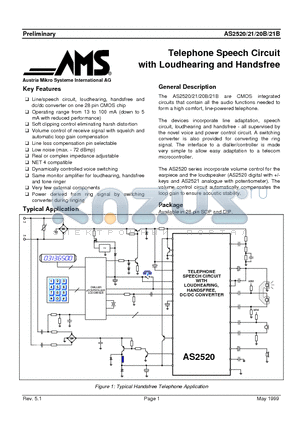 AS2520B datasheet - Telephone Speech Circuit with Loudhearing and Handsfree