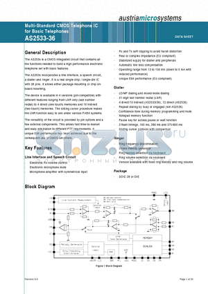 AS2533RW datasheet - Multi-Standard CMOS Telephone IC for Basic Telephones