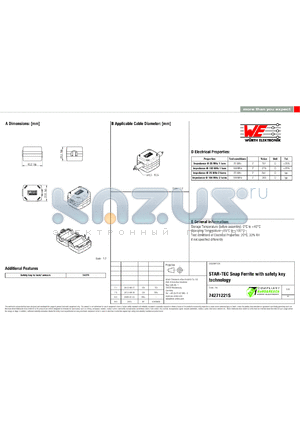 74271221S datasheet - STAR-TEC Snap Ferrite with safety key technology