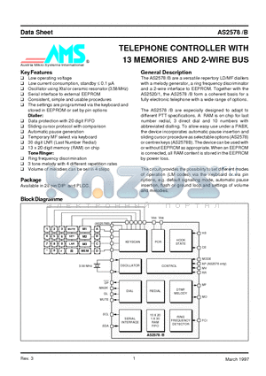 AS2578N datasheet - TELEPHONE CONTROLLER WITH 13 MEMORIES AND 2-WIRE BUS