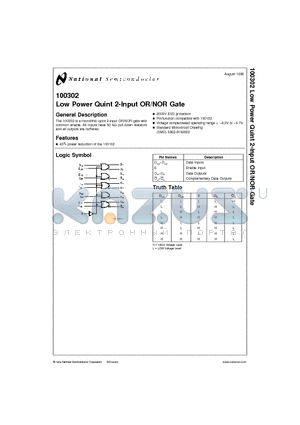 100302 datasheet - Low Power Quint 2-Input OR/NOR Gate