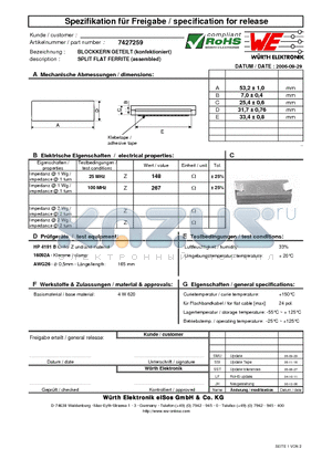 7427259 datasheet - SPLIT FLAT FERRITE (assembled)