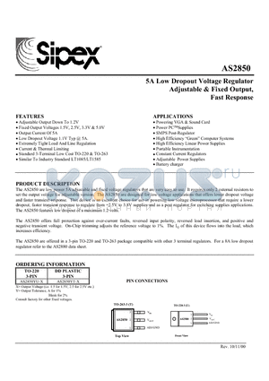 AS2850 datasheet - 5A Low Dropout Voltage Regulator Adjustable & Fixed Output, Fast Response