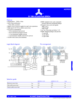 AS29F010-120TC datasheet - 5V 128K x 8 CMOS FLASH EEPROM