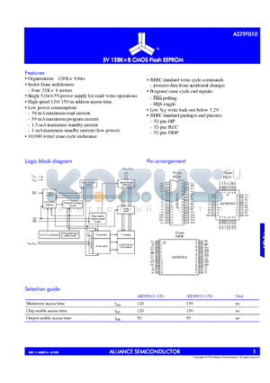 AS29F010-150LC datasheet - 5V 128K x 8 CMOS FLASH EEPROM