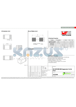 74279260 datasheet - WE-CBF SMD EMI Suppression Ferrite Bead