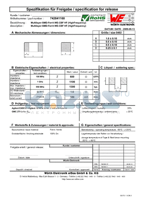 742841160 datasheet - Multilayer-SMD-Ferrit WE-CBF HF (HighFrequency)