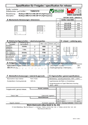 742841210 datasheet - Multilayer-SMD-Ferrit WE-CBF HF (HighFrequency)