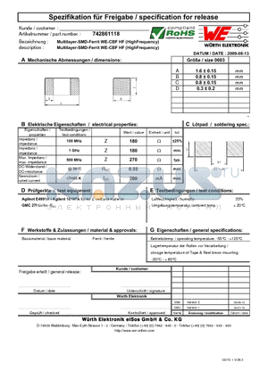 742861118 datasheet - Multilayer-SMD-Ferrit WE-CBF HF (HighFrequency)