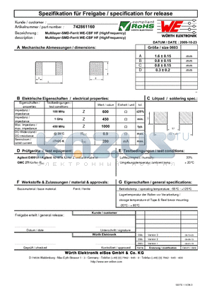 742861160 datasheet - Multilayer-SMD-Ferrit WE-CBF HF (HighFrequency)