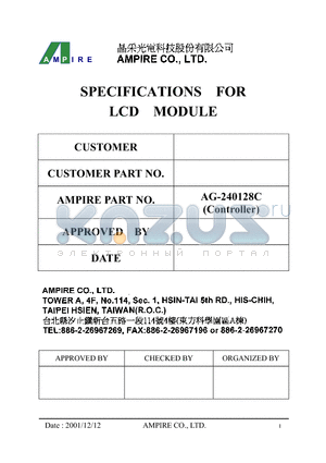 AG-240128C datasheet - SPECIFICATIONS FOR LCD MODULE