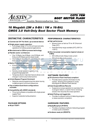 AS29LV016 datasheet - 16 Megabit (2M x 8-Bit / 1M x 16-Bit) CMOS 3.0 Volt-Only Boot Sector Flash Memory