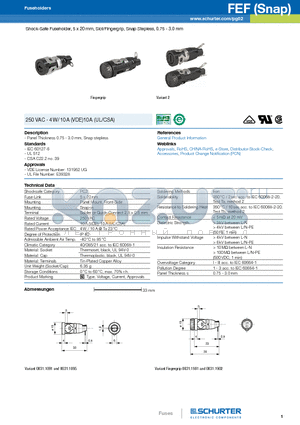 0031.1161 datasheet - Shock-Safe Fuseholder, 5 x 20 mm, Slot/Fingergrip, Snap Stepless, 0.75 - 3.0 mm