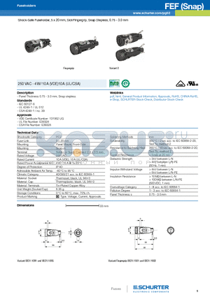 0031.1161 datasheet - Shock-Safe Fuseholder, 5 x 20 mm, Slot/Fingergrip, Snap Stepless, 0.75 - 3.0 mm