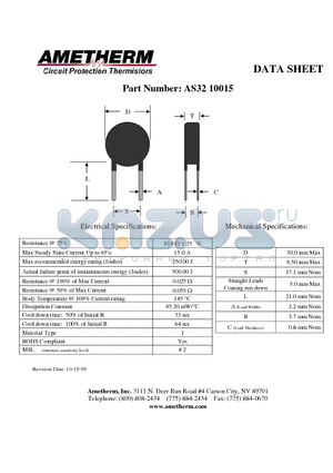 AS3210015 datasheet - Resistance @ 25`c